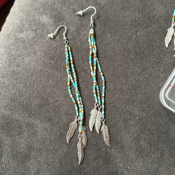Beaded Feather Earrings - Pink and Turquoise - Picture 5 of 5